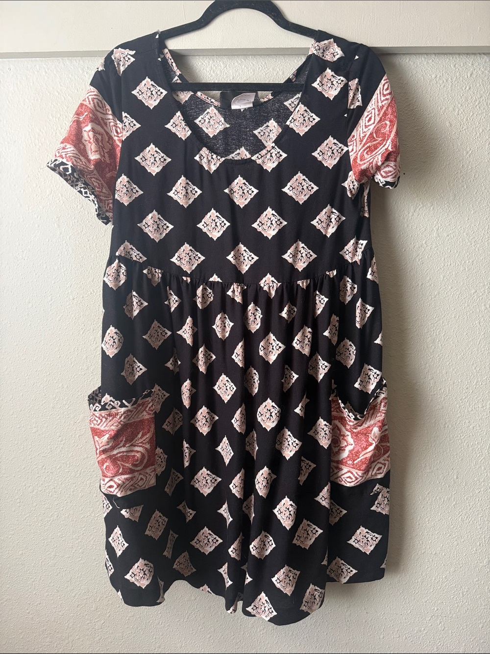 Vintage mixed media short sleeve mini dress with pockets